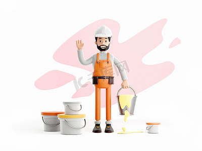 建筑工人、泥水匠卡通人物、有趣的工人或带油漆桶的工程师