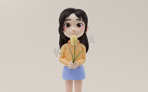 小女孩手里拿着花，卡通风格，3D 渲染。