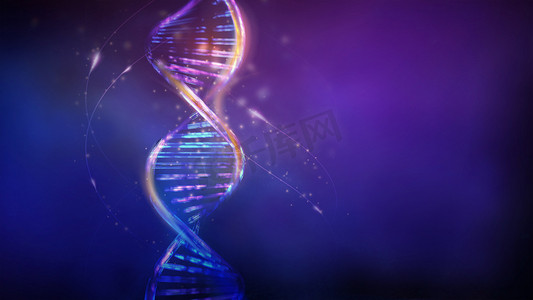 DNA 双螺旋在紫蓝色背景上发光，3D 渲染。