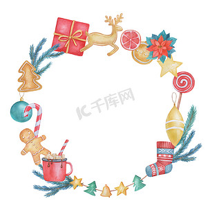 水彩花环摄影照片_水彩花环，配有姜饼鹿和人饼干、糖果、圣诞树枝和白色背景中的可可。