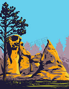 美国蒙大拿州西部的 Medicine Rocks 州立公园与砂岩柱 WPA 海报艺术