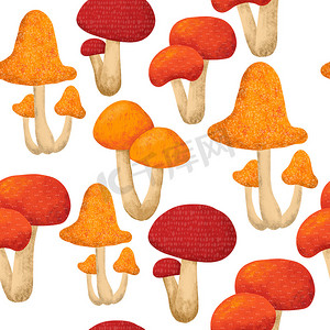 手绘秋季摄影照片_手绘无缝图案与秋季蘑菇真菌，野生自然背景。