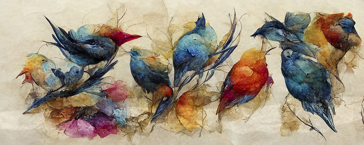 小鸟水彩摄影照片_一组明亮的小鸟，蜂鸟，水彩手绘。
