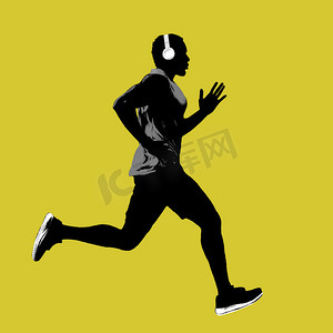 在黄色背景下隔离的跑步者的轮廓侧视图轮廓。