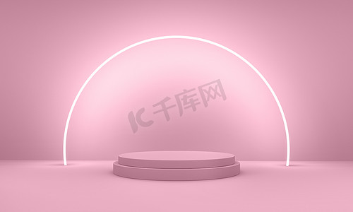 情人节霓虹灯讲台，抽象几何设计粉红色背景。