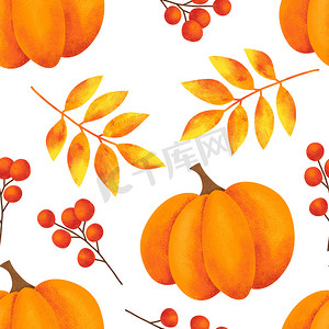 秋季手绘摄影照片_手绘无缝图案与秋季秋叶叶浆果、枫橡橡子。