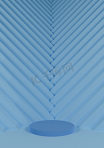 浅蓝色背景简约摄影照片_明亮、浅天蓝色 3D 渲染简单、简约、产品展示，带有一个圆柱体支架和背景中指向产品的三角形楼梯状图案