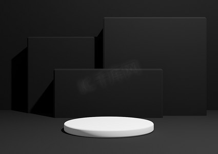 黑色、深灰色、黑白、3D 渲染一个简单、最小的产品展示组合背景，背景中有一个讲台或看台和几何方形形状。