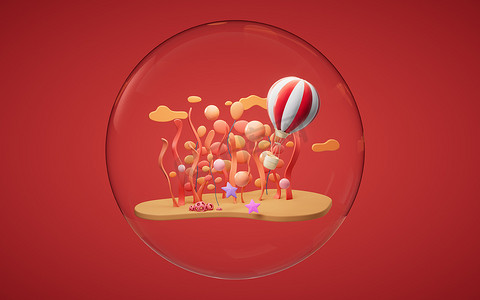 卡通热气球与水下植物场景，3D 渲染。
