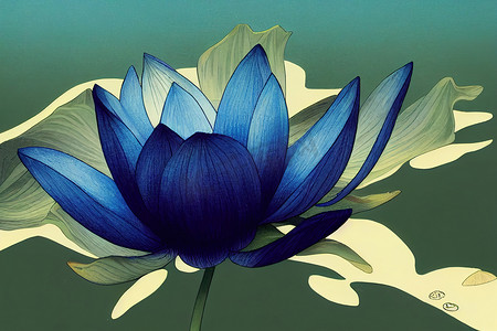 动漫风格，美丽、明亮、池塘里盛开的蓝莲花。 