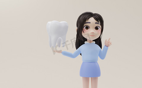 小女孩展示卡通风格的牙齿模型，3D 渲染。