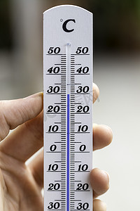 热浪：夏天模糊背景下的温度计，热