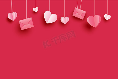 海报折纸摄影照片_贺卡的情人节背景与挂在红色粉彩上的纸心。