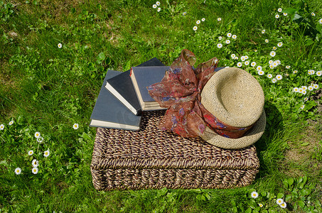 惊悚小说摄影照片_柳条篮里装满了书籍和草地上的复古帽子