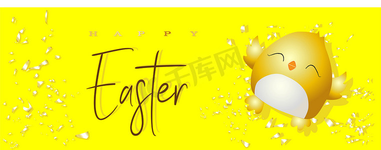 海报可爱黄色摄影照片_复活节海报和横幅模板，明亮的黄色背景上有复活节鸡。复活节的问候和礼物。
