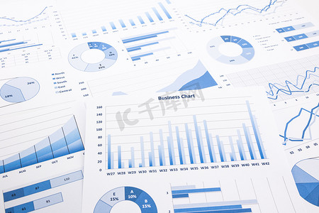 蓝色商业图表、图表、报告和文书工作