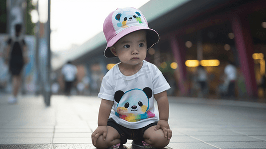 幼儿园ppt摄影照片_戴着熊猫图案帽子的小孩