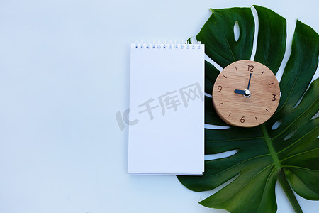有笔记本的木时钟在绿色叶子在白色背景。