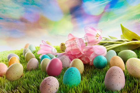 复活节彩蛋与郁金香在草地上与彩虹天空
