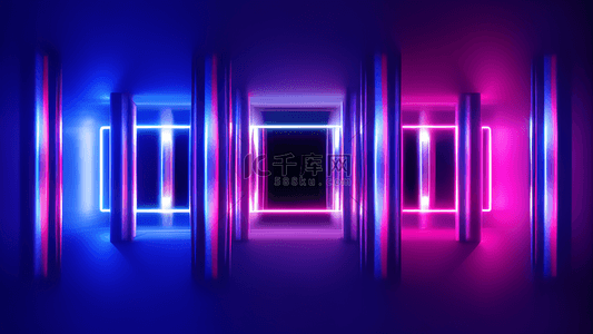 蓝紫色立体背景图片_蓝紫色三维立体抽象几何霓虹光背景