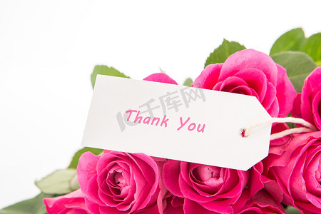 感谢有你相随摄影照片_一束美丽的粉红玫瑰的特写，上面有一张白色背景的感谢卡