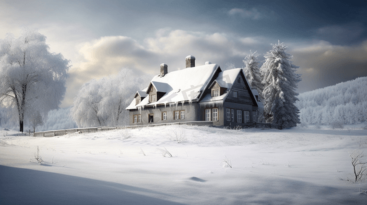冬季白雪覆盖的灰色石房子