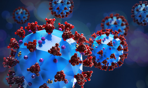 蓝色背景下低聚冠状病毒模型的渲染。