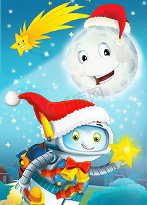夜晚卡通摄影照片_卡通微笑的月亮在夜晚与星星 — 圣诞朋友 — 为孩子们提供的插图