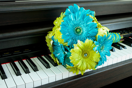 钢琴上的绿色和蓝色花束