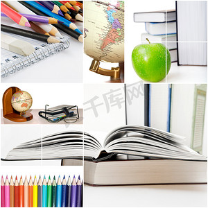 书籍上的苹果摄影照片_白色背景上的书籍和铅笔等
