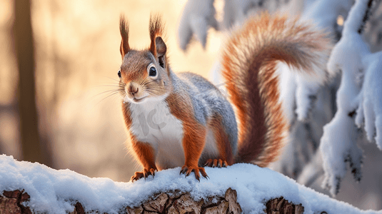 雪地里一只松鼠坐在树干上大光圈