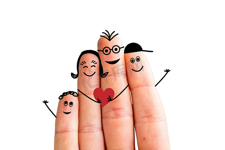 手指家庭概念：快乐的手指家庭微笑。