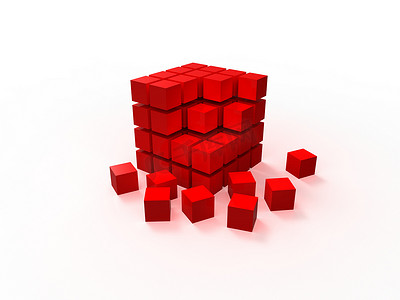 4x4 红色无序立方体由白色背景上隔离的块组装而成