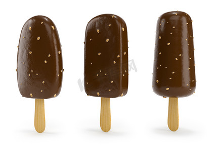 巧克力冰淇淋与坚果棒 3D 插图