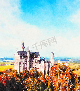 水彩艺术版画，高山城堡