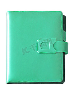 孤立在白色背景上的皮革绿色封面笔记本