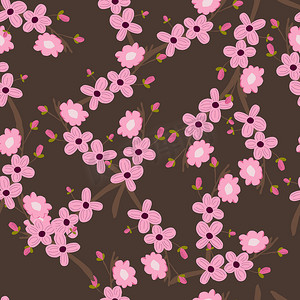 粉色矢量花朵摄影照片_棕色樱花粉色花朵的无缝图案