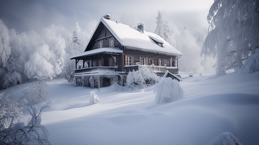 冬天白雪覆盖的林中小屋