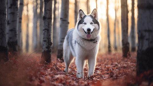 哈士奇哈士奇摄影照片_树旁的灰色和白色的哈士奇狗狗
