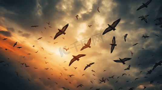 夕阳中飞翔的鸟群