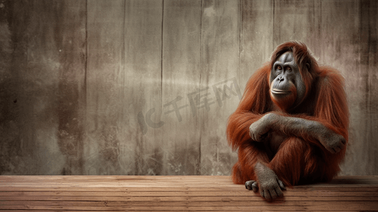 一只棕色的猩猩盘腿坐在木地板上