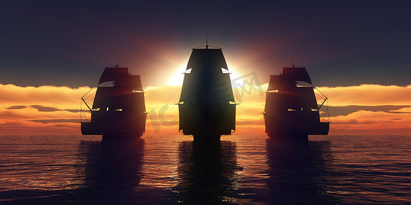 老三艘船在海上日落，3d 渲染