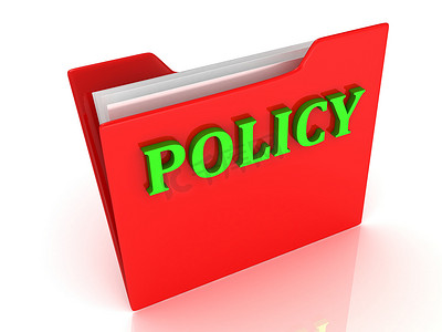 活动政策摄影照片_红色文件夹上的政策亮绿色字母