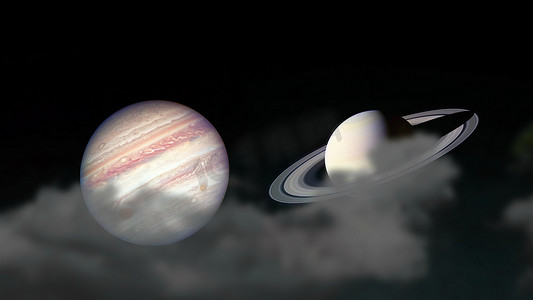土星和木星升起剪影山和夜空上的云