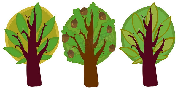 绿色卡通树叶摄影照片_三棵卡通树的插图。