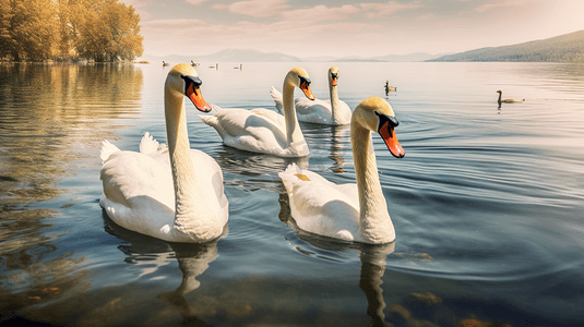 洛世奇天鹅摄影照片_一群在湖顶游泳的天鹅