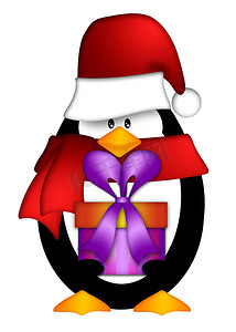 帽子剪贴画摄影照片_带着圣诞老人帽子和礼物的企鹅剪贴画