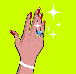 结婚戒指图标摄影照片_波普艺术漫画中带结婚戒指爱情背景的女手