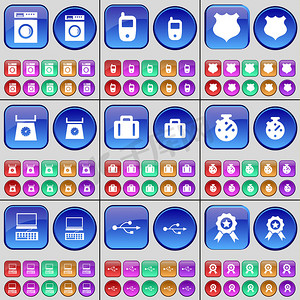 手机app按钮摄影照片_洗衣机、手机、警徽、体重秤、手提箱、秒表、笔记本电脑、USB、奖章。