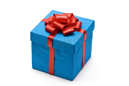 有红色蝴蝶结的蓝色礼物盒